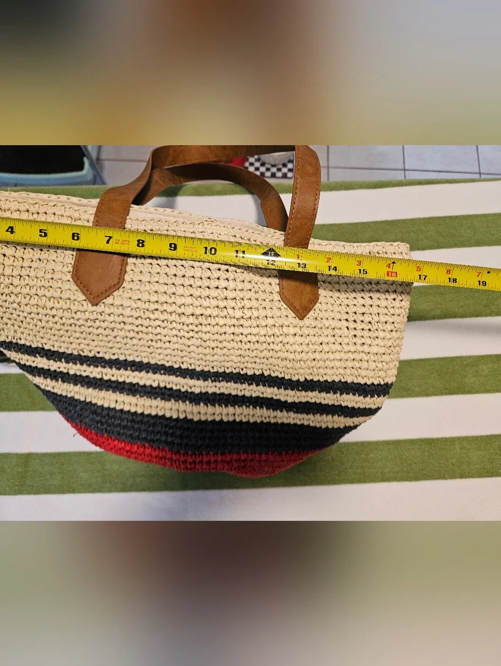 Tommy Bahama Woven Straw Tote Bag with Red and Navy Stripes